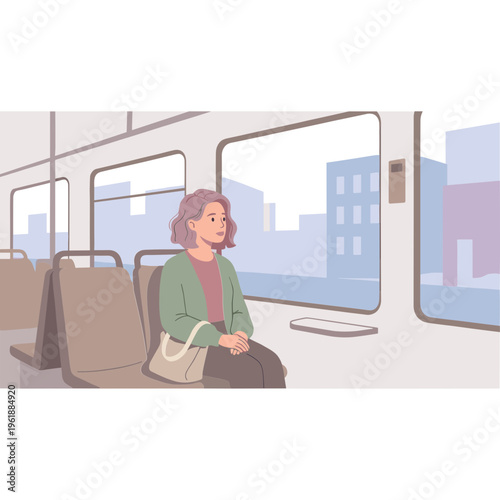 A woman sits alone on a public transportation vehicle looking out the window at city buildings.