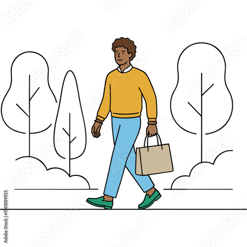 A man walks down the street with a bag in a park