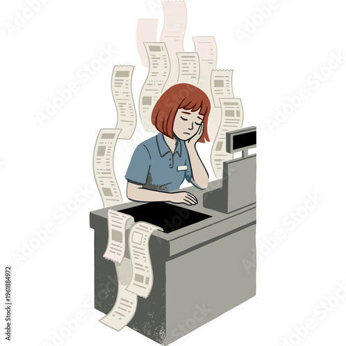 Overwhelmed cashier stressed at work with receipts piling up high