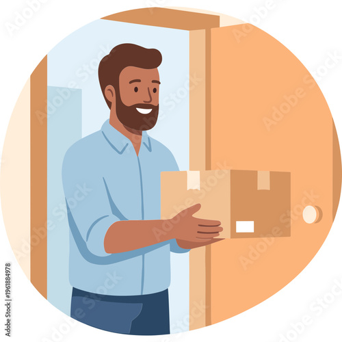 Man delivering package to doorstep with happy expression