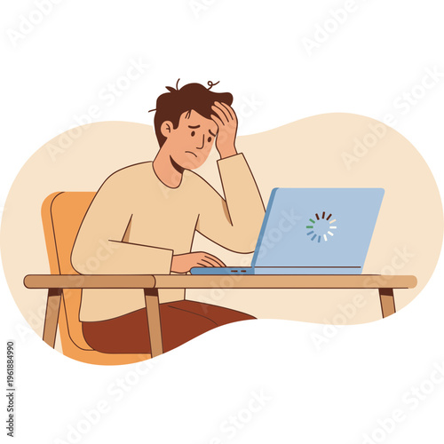 A man sits at a desk, frustrated while using a laptop computer indoors.