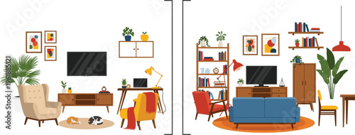 Modern living room interior set with furniture, sofa, TV, plants and decor elements, cozy home design scenes collection for apartment styling vector illustration