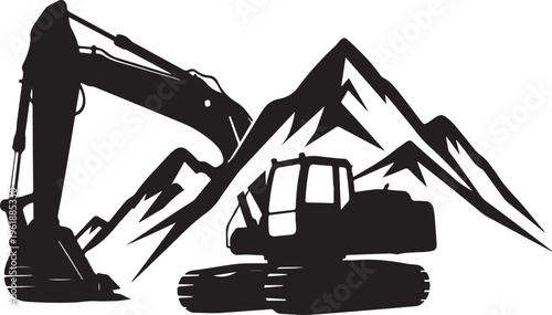 Excavator Silhouette in Front of Mountain Range