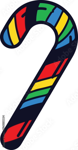 A vibrant and colorful illustration of a candy cane featuring diagonal stripes of multiple colors