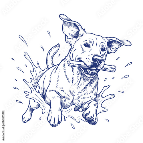 Labrador Retriever joyfully running with stick in mouth splashing water line art illustration