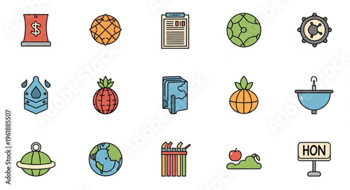 Collection of colorful icons representing diverse concepts and themes.