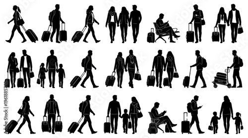 Airport Traveler Silhouette Set People With Luggage Walking Waiting Boarding Travel Vector Collection