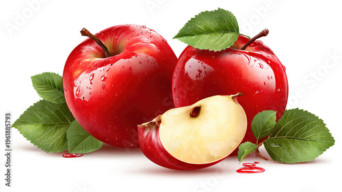 Red apple whole pieces set isolated on white background