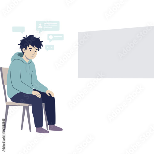 A young man sits on a chair looking dejected with speech bubbles around.