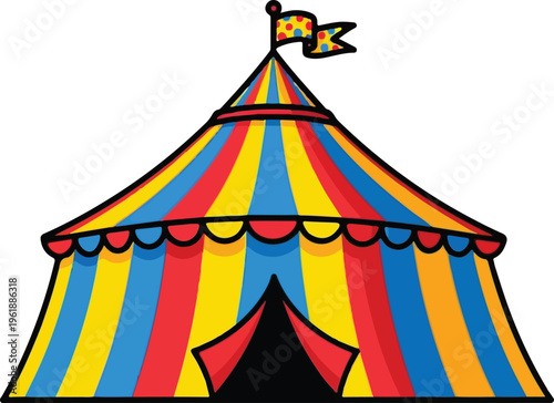 A vibrant cartoon circus tent with colorful vertical stripes and a polka dot flag on top white