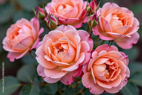 A bunch of pink and orange roses with green leaves