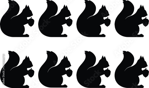 Eight black silhouette vectors of a squirrel holding an acorn, depicted in a classic side profile pose, isolated on a clean white background, conveying a natural and playful wildlife theme.