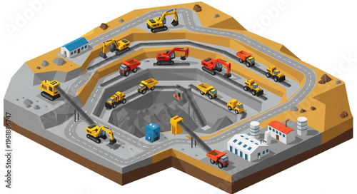 Isometric View of a Large Open-Pit Mine with Heavy Machinery.