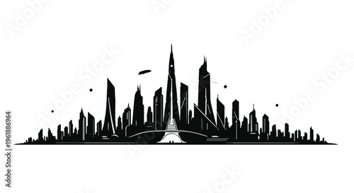 Sleek, futuristic city skyline silhouette against a bright background