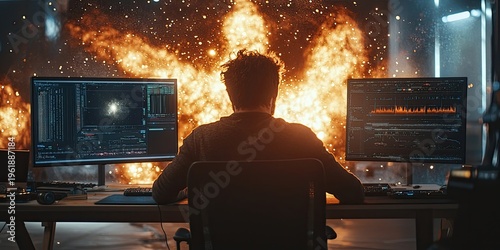 Person at workstation with multiple monitors displaying simulated space explosion in digital environment. Generative by AI.
