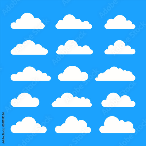 White cloud icons set. Weather abstract symbols, sky fluffy cloudscape silhouettes, minimal clouds various shapes blue background. Vector isolated collection