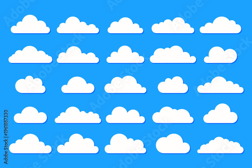 White cloud icons. Weather abstract symbols, sky fluffy cloudscape silhouettes, minimal clouds various shapes blue background. Vector isolated set