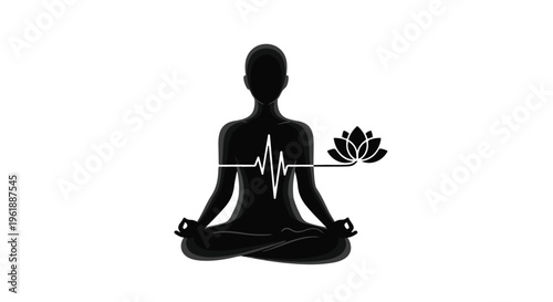 Silhouette of a person meditating with a heartbeat line and lotus flower, symbolizing peace and wellness.