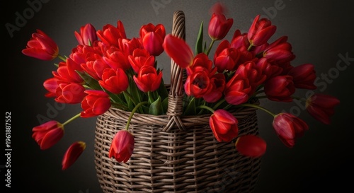 Vibrant red tulips in woven basket display elegance and warmth, creating a perfect bouquet for special occasions.