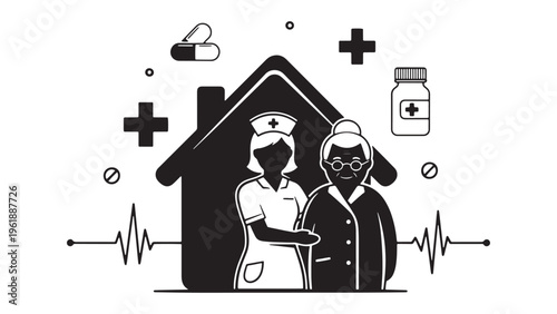Home Healthcare Support Illustration with Medical Team Providing Care and Telehealth Services to Patients