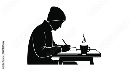 Person bundled in warm clothing focused on writing and drinking hot beverage