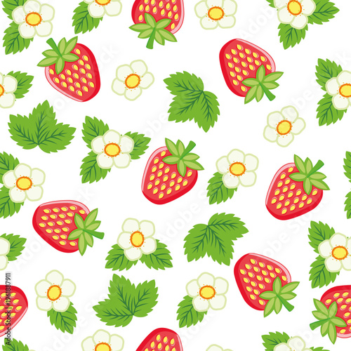 Strawberry berries leaves and flowers seamless vector pattern. Cute fruity summer cartoon pattern. Endless print for fabric and wallpaper. Background for packaging and design.