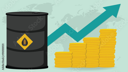 Rising oil prices concept with barrel, upward arrow and growing coin stacks global energy inflation illustration	
