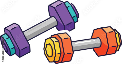 Two colorful dumbbells with a flat vector illustration style for fitness and bodybuilding concepts
