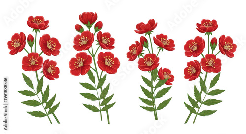 A vibrant bouquet of red roses with green leaves and stems in a row isolated on transparent background
