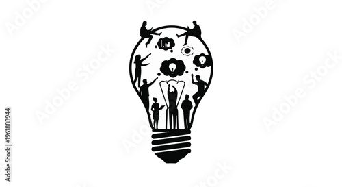 Diverse people collaborate within a lightbulb, sparking creative ideas and innovation.
