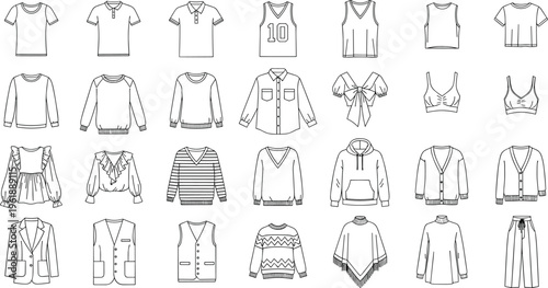 Collection of thirty clothing item illustrations, vector line art of fashion tops and garments, flat vector illustration
