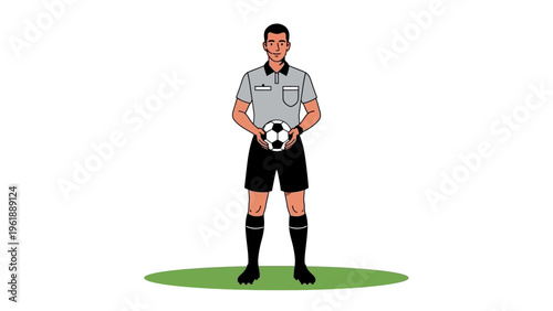 Illustration of a soccer referee standing on a green field holding a soccer ball, wearing a gray shirt and black shorts.