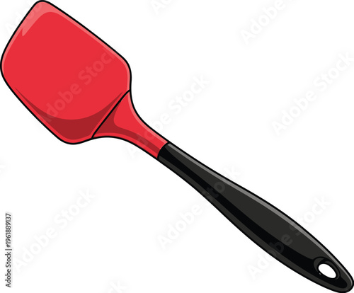 Red silicone spatula with black handle rests isolated on white background.