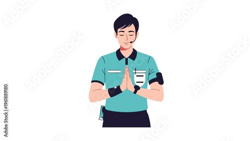 Illustration of a soccer referee in a teal uniform with black accents, standing with hands together, on a plain white background, conveying a sense of officiating a game.