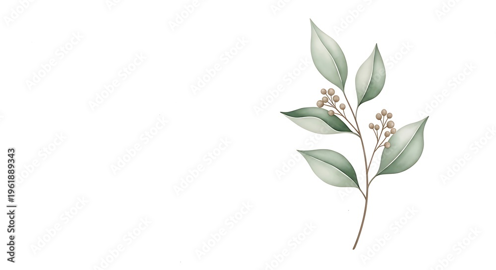 Obraz premium Watercolor Botanical Branch with Delicate Leaves and Buds on White Background.