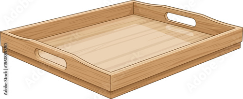 Empty wooden serving tray with cut out handles sits isolated.