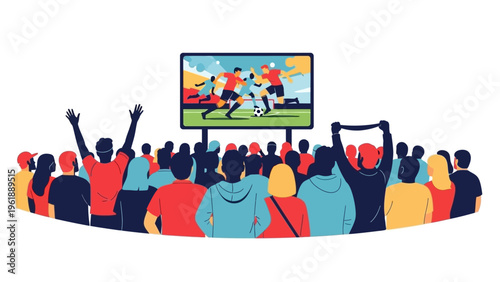 Illustration of a crowd of people watching a soccer game on a large screen with a soccer player and stadium in the background, conveying excitement on a day between countries for the world