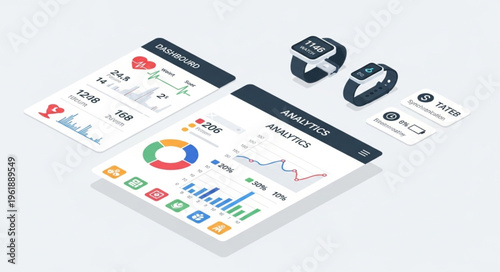 Isometric View of Health and Fitness Tracking App Interface.