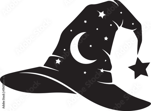 Black Wizard Hat with Crescent Moon and Stars Design