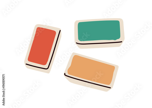 Watercolor paint pans. Aquarelle colour pigments in palette containers. Art supplies for drawing, painting. Water color. Flat vector illustration isolated on white background