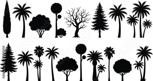 Collection of tree silhouettes, vector illustration of coniferous, palm, deciduous, broadleaf, topiary trees with varied foliage styles, flat vector illustration