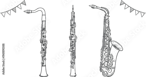 Hand drawn vector line art of woodwind musical instruments including bass clarinet oboe and saxophone with festive bunting.