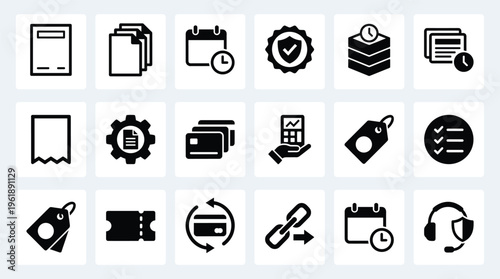 Set of 18 black and white business and office vector icons