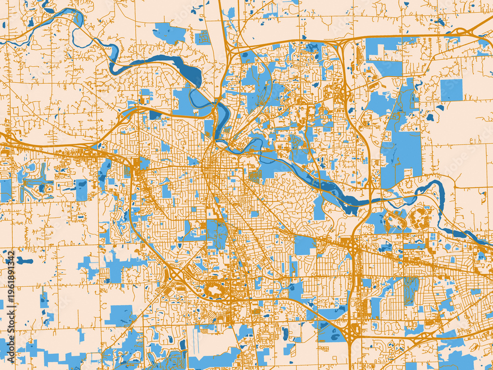Fototapeta premium Street map of Ann Arbor, Michigan in golden linework with blue water