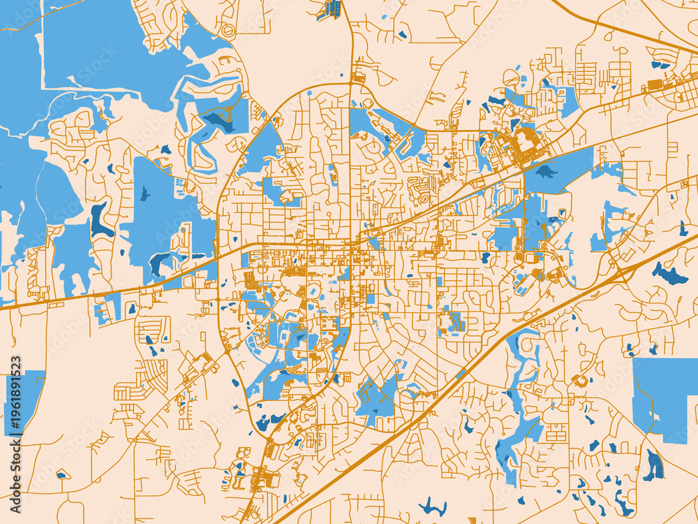 Naklejka premium Urban map poster of Auburn, Alabama with light cream city field with mustard-gold linework and vivid blue lakes, rivers and waterways