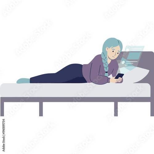 A woman lies on a bed reading her phone in a relaxed environment