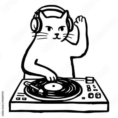Energetic feline disc jockey character with stylish headphones, expertly mixing tracks on a vintage turntable, creating a lively and engaging atmosphere for music lovers and graphic designs