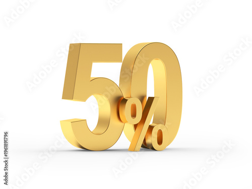 Golden 50 percent sign isolated on white. 3D illustration.