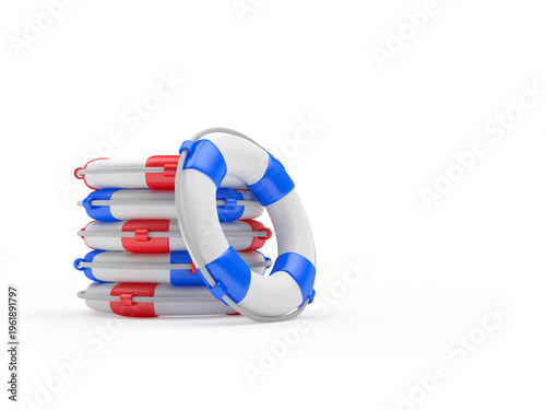 A stack of lifebuoys isolated on white. 3D illustration.