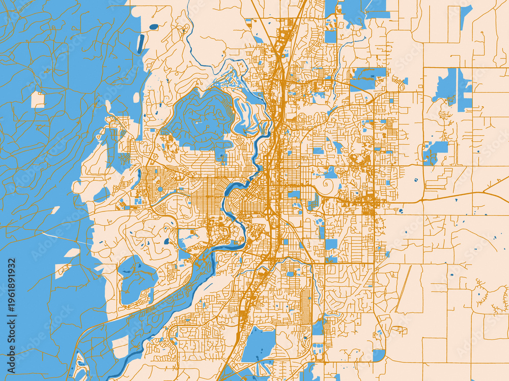 Fototapeta premium City map of Bend, Oregon — soft ivory map base with ochre-gold streets and clear blue water shapes for crisp contrast